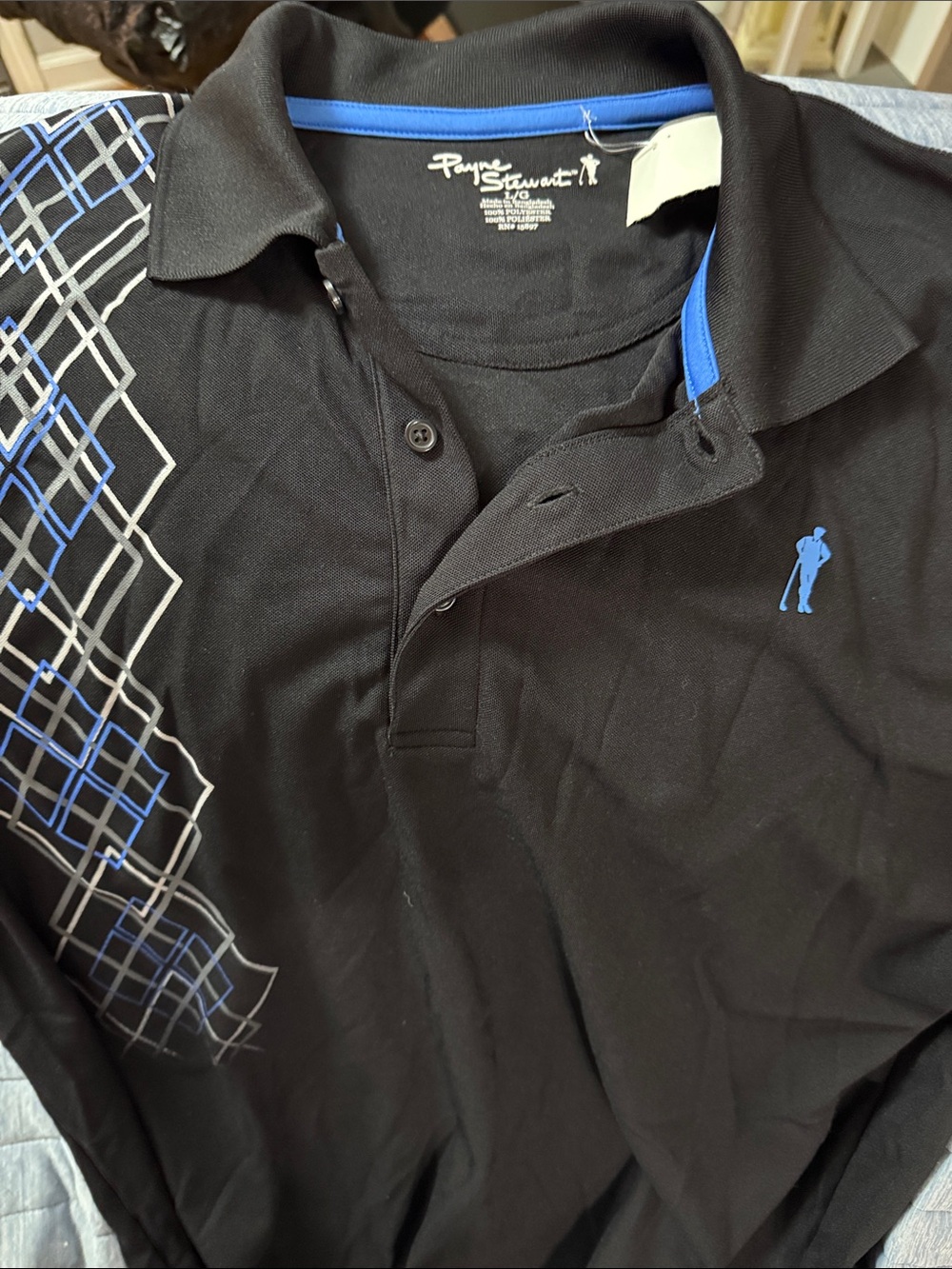 Men’s Black Polo with Blue Trim and Graphic Payne Stewart golf